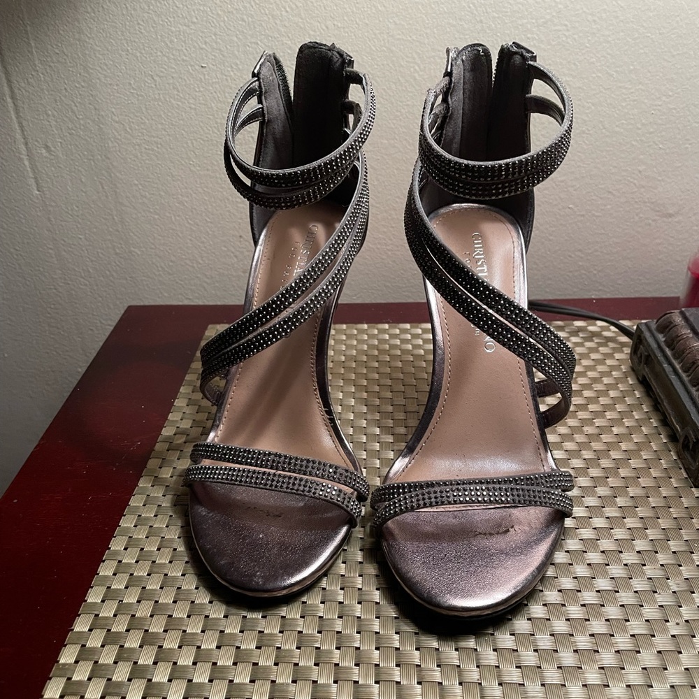Pewter gunmetal grey rhinestone strappy heels